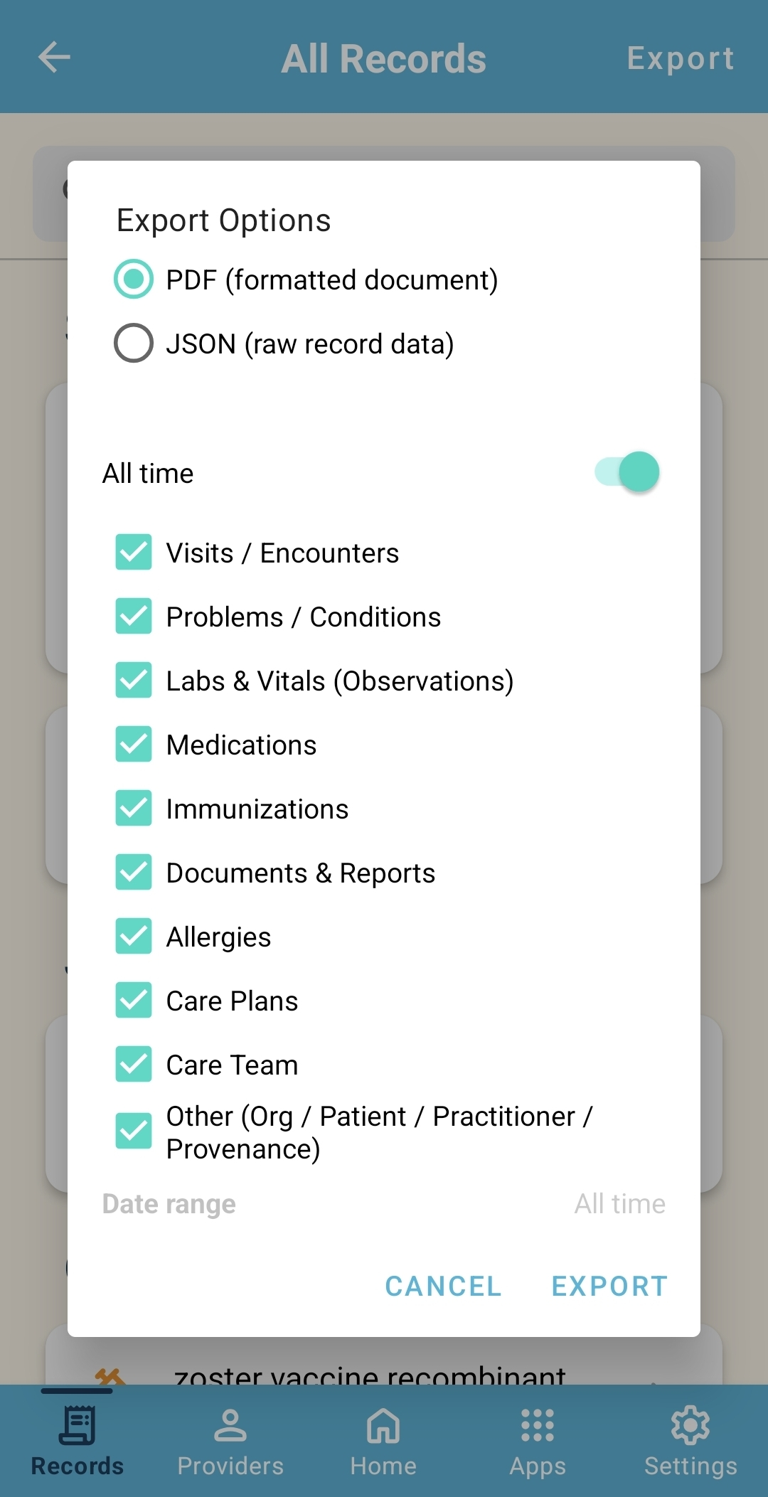 The Records 'export' button under a specific category.