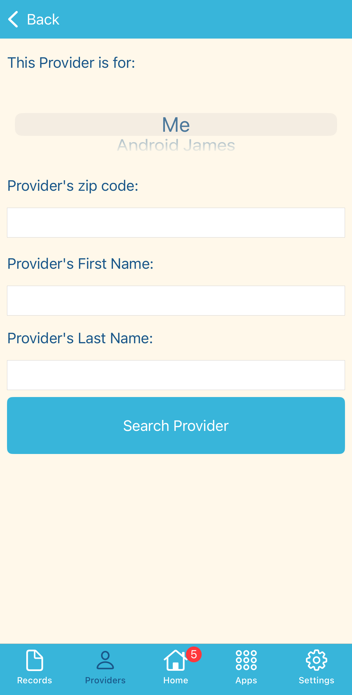 The Provider Search screen.
