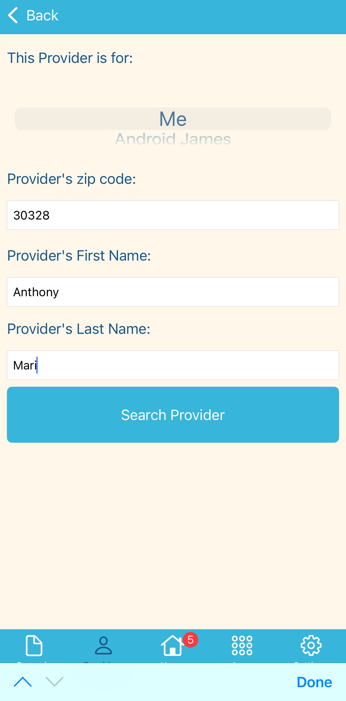 The Provider Search screen with fields filled.